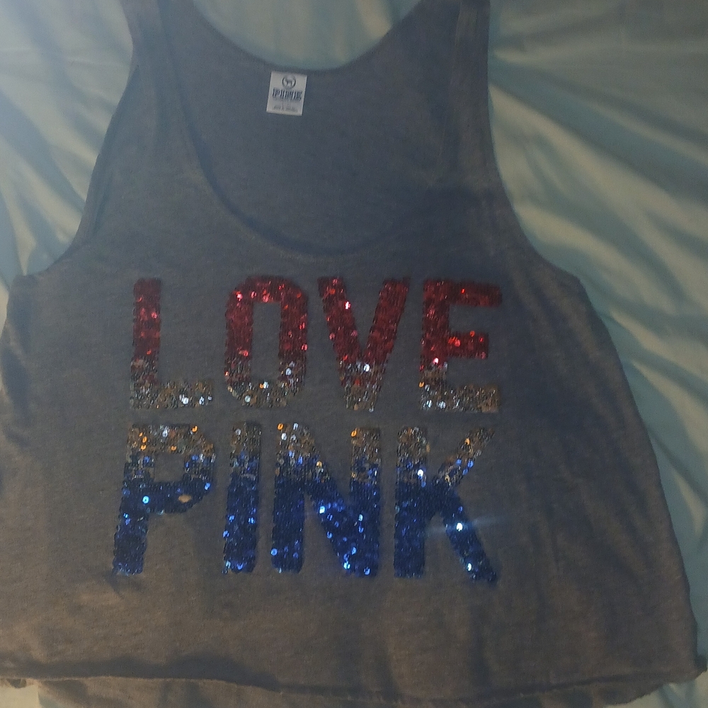 PINK Victoria's Secret Gray and Red Sparkle Tank Top